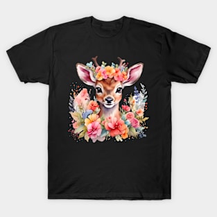 A baby deer decorated with beautiful watercolor flowers T-Shirt